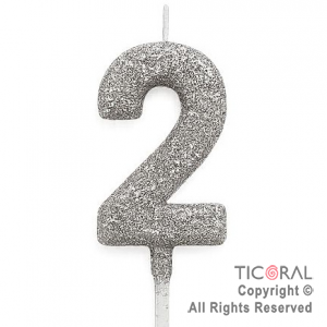 VELA NUMERAL CHICO 5.5 CM CON GIBRE PLATA NUMERO 2 x 1